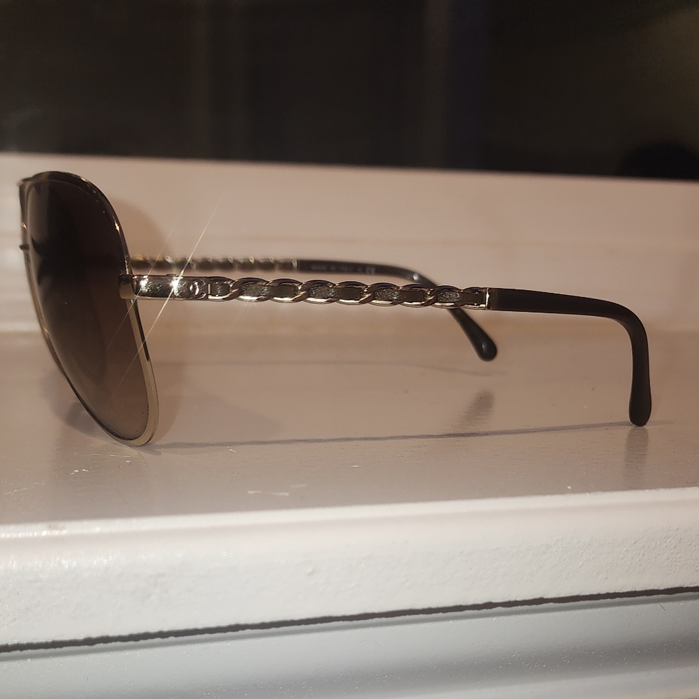 Brown And Gold Chanel Aviator Chain Sunglasses